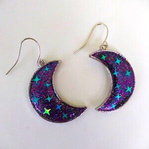 Purple glitter crescent moon and stars earrings